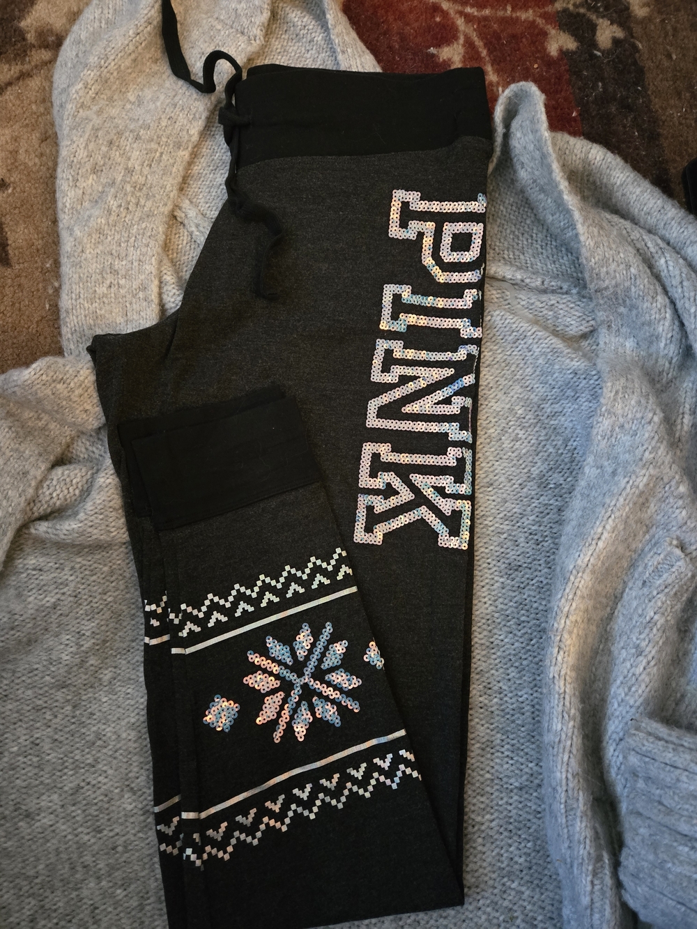 PINK Embellished Black Sweatpants with Snowflake Detail